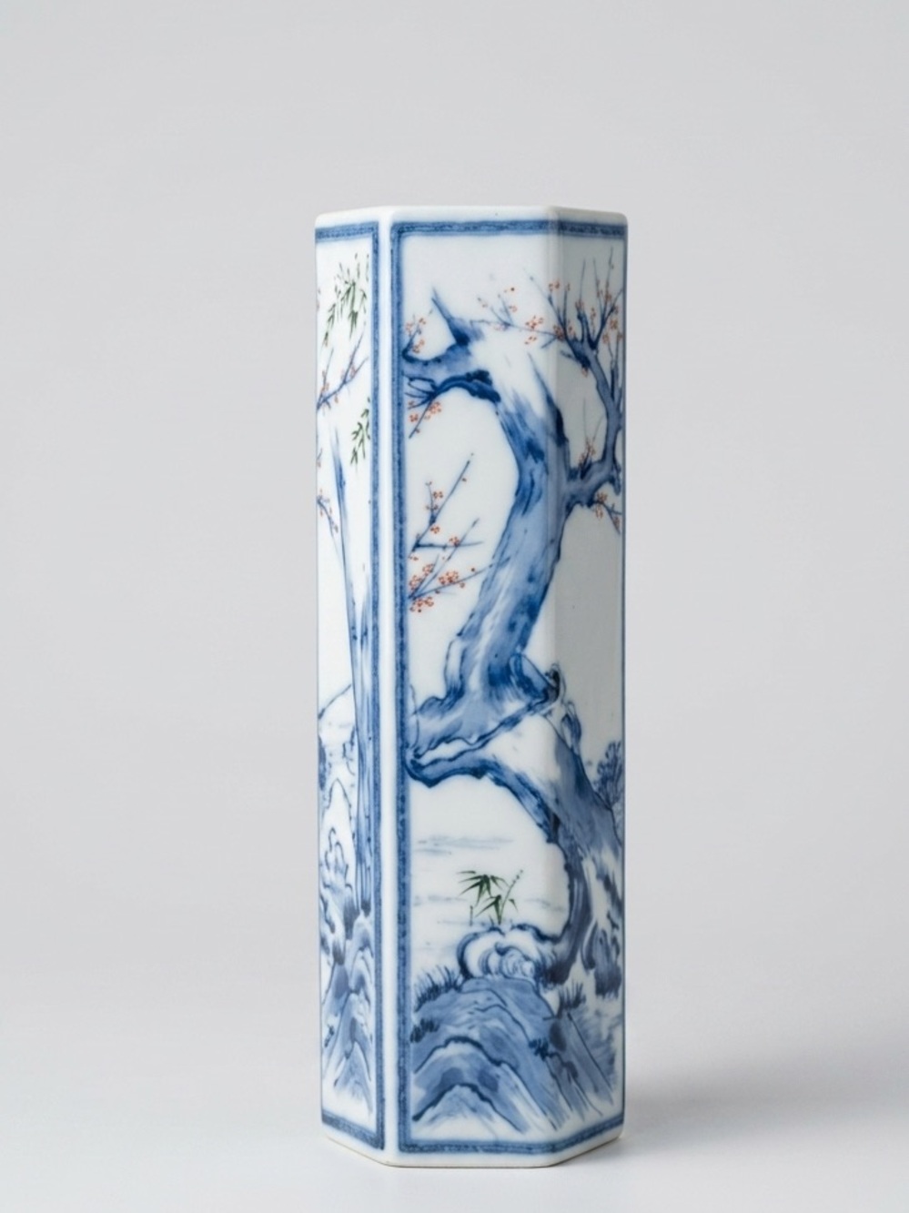 Vintage Dolphin China Dynasty Blue Hexagonal Porcelain Floral Landscape 9in Vase